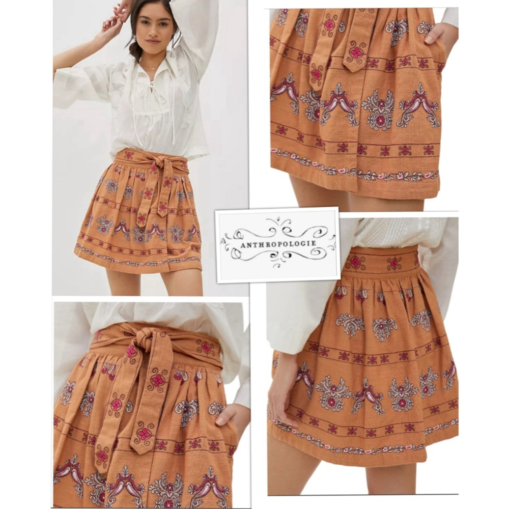 Anthropologie Boho Floral Embroidered Coastal Cowgirl Belted Skirt size 8